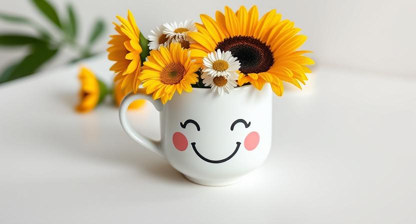 happy face mug with flowers