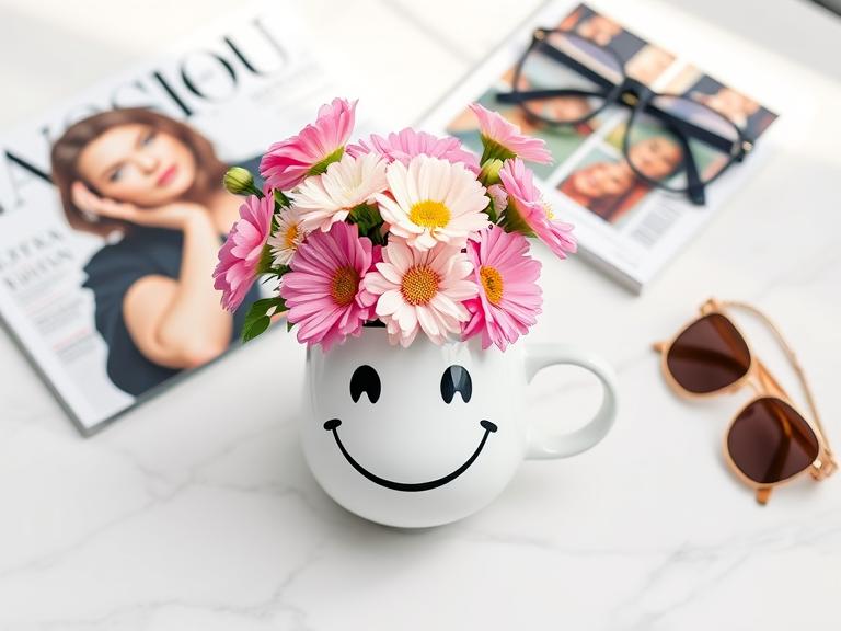 “Smiley Face Mug with Flowers